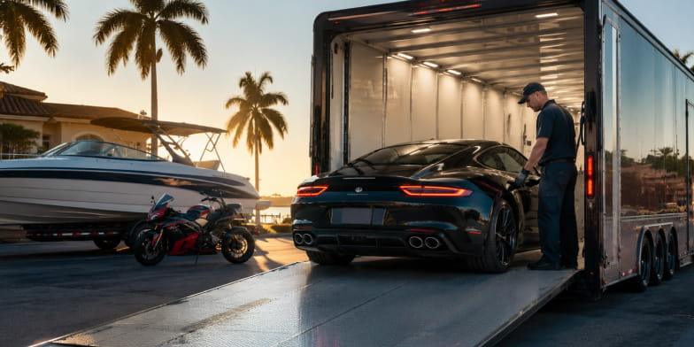 enclosed-snowbird-shipping-for-luxury-vehicles Motorcycle and Boat Image